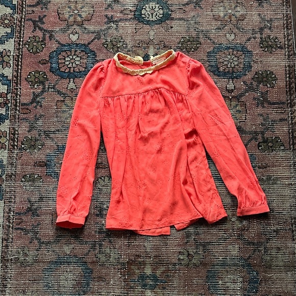 Esley Tops - Sz S Esley Coral Blouse with Cotton Lace Orange Trim Button Back 00’s Y2K